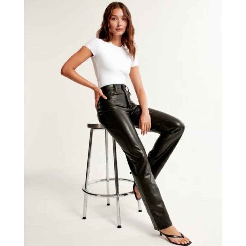 Abercrombie & Fitch 90s Straight Faux Leather Pants Black Sz 27 Ultra High Rise